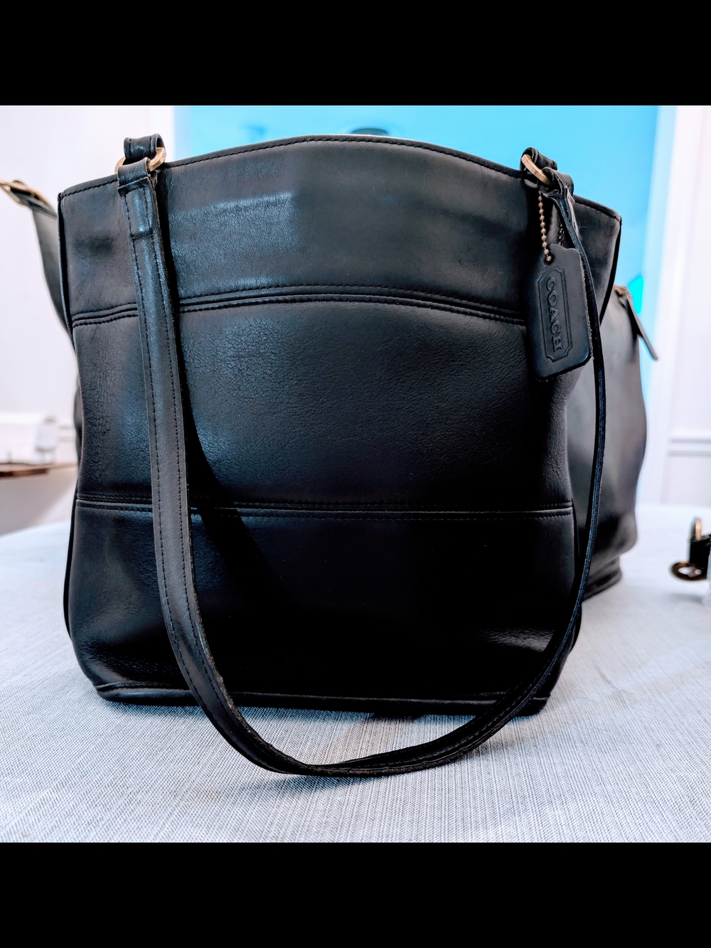 Coach Black Leather Shoulder Bag with Signature Tag